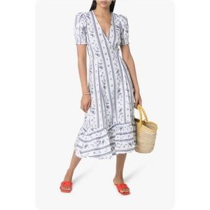 Reformation Veronika Linen Tie Waist Wrap Midi Dress White Blue